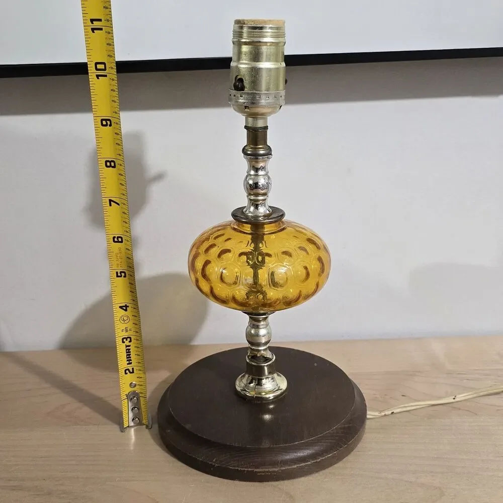 Vintage - Table Lamp - Amber Glass - Wood Base - Silvertone Post
